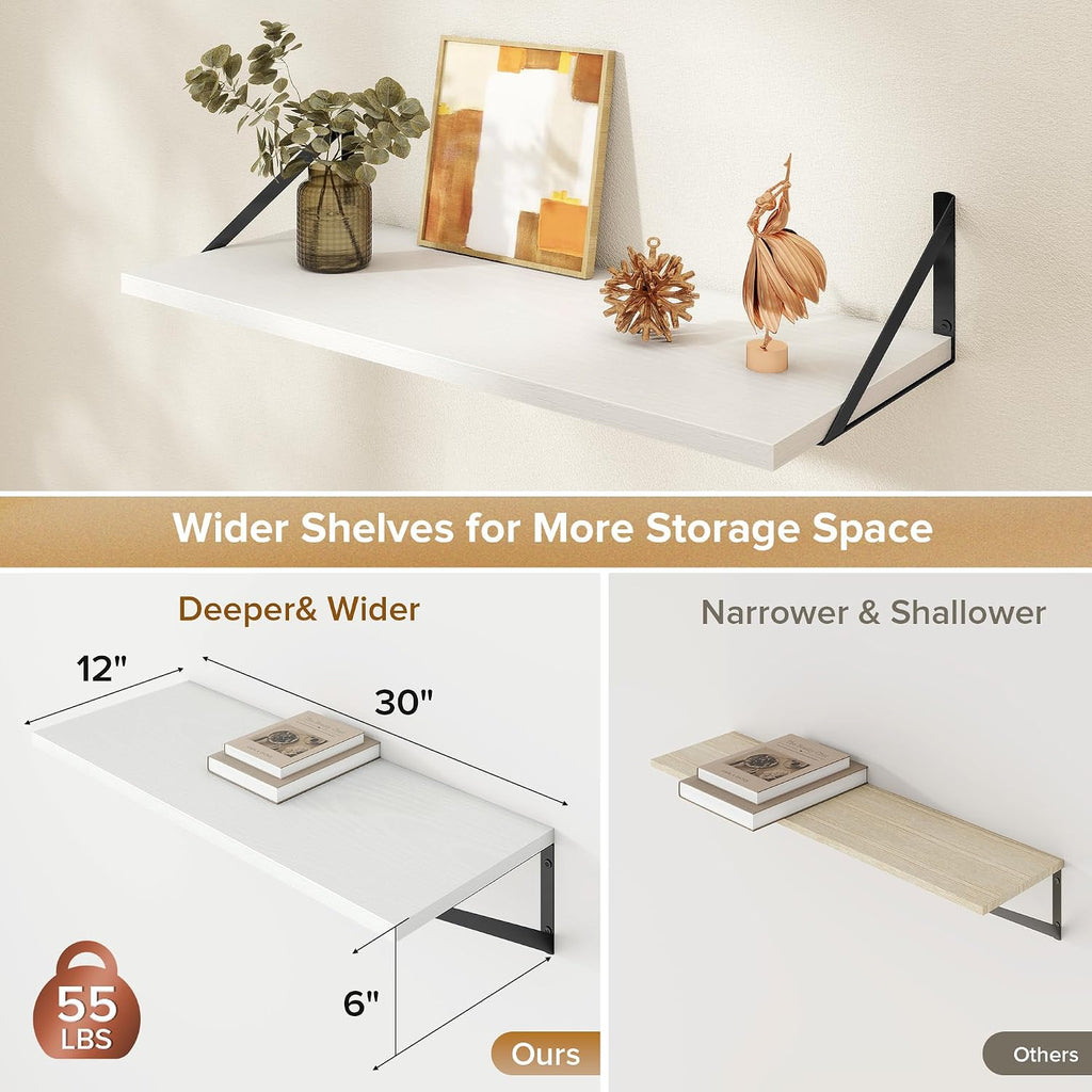 Deep Floating Shelves Wall Mounted, 30"x12" White Wall Shelves with Brackets Set of 2 - Storage & Display Shelf for