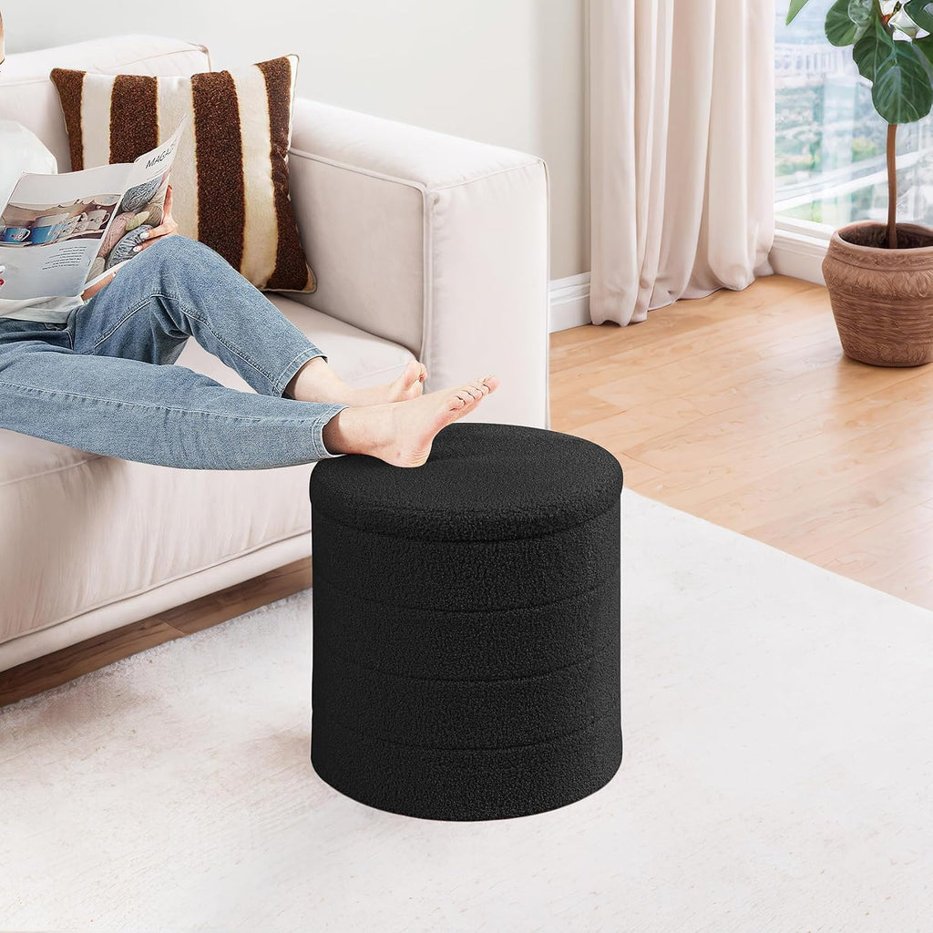 Round Storage Ottoman Foot Rest Stool with Tray Velvet Sherpa Folding Storage Ottoman,Boucle Foot Rest,Black Color