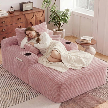 65" Oversized Chaise Lounge Chair Indoor, Boneless Chaise Lounge Chair with Cup Holders Side Pockets 3 Pillows, Cloud