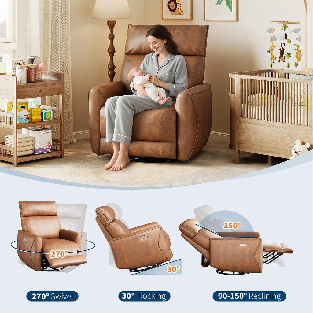 Power Recliner Chair, PU Leather Swivel Rocker Recliner with USB Ports, Upholstered Nursery Glider Reclining Sofa
