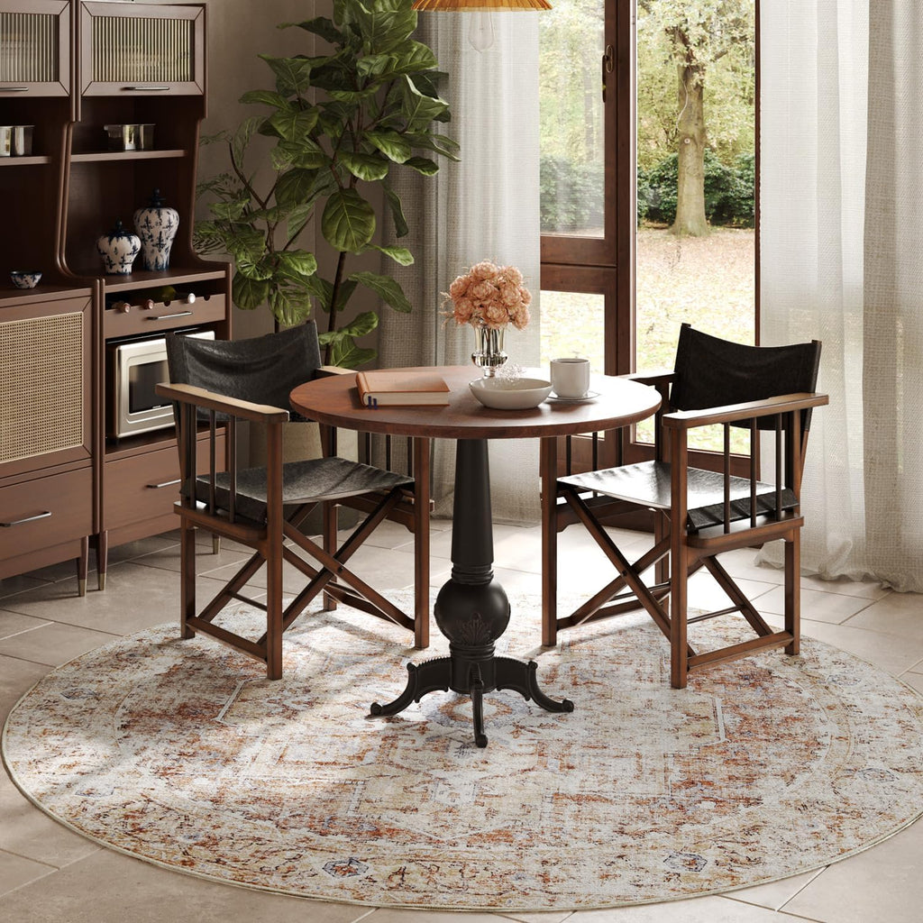 Kelda Round Rug 8ft Washable Area Rug Indoor Vintage Bedroom Floor Cover Distressed Circle Mat 8' Ro