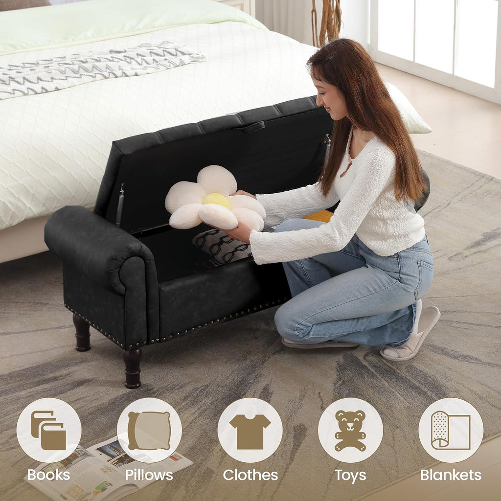 51" Ottoman with Storage, Upholstered Storage Ottoman Bench with Rolled Arms, PU Leather Storage Bench , Black