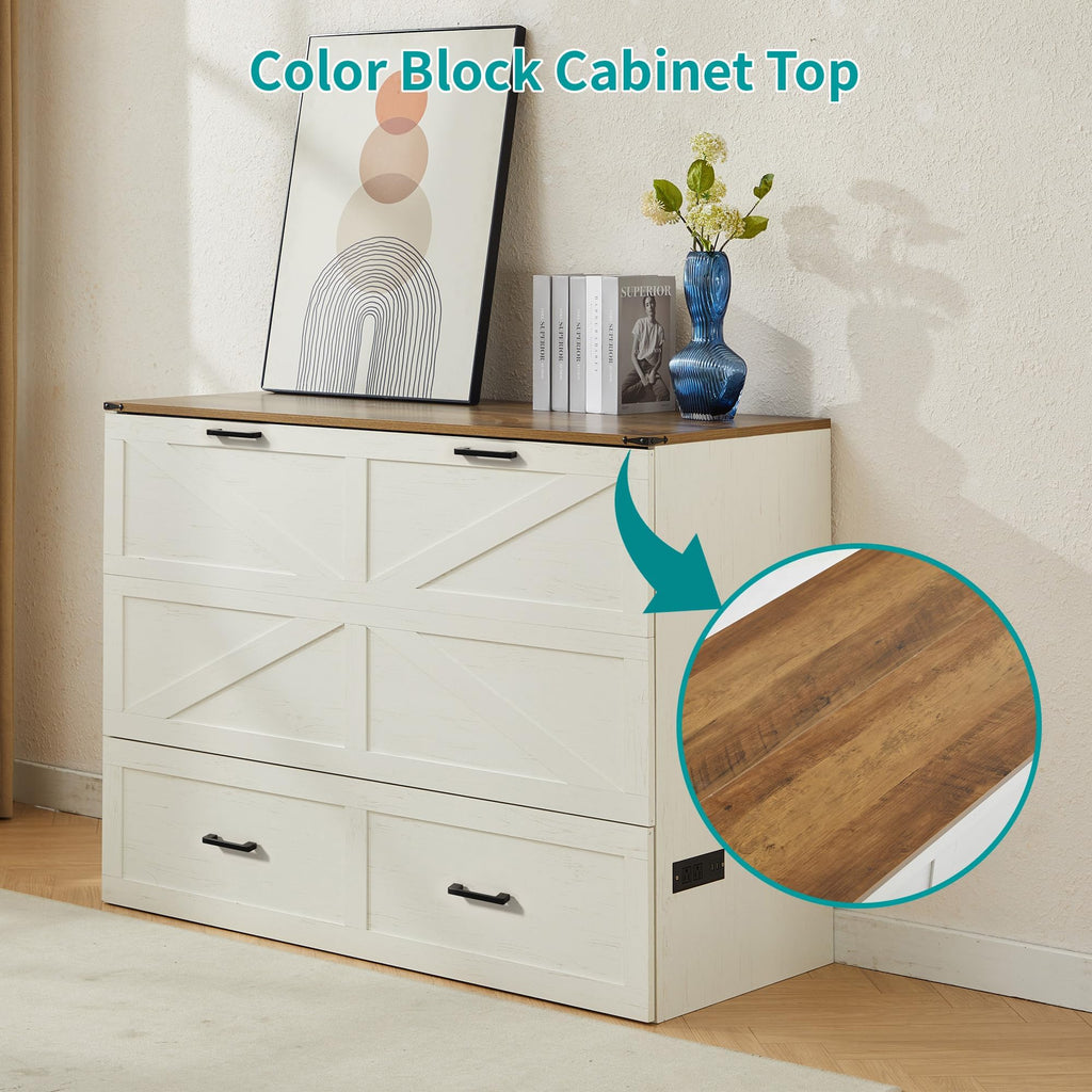 Queen Murphy Bed with Charging Station Large Storage Drawer Farmhouse Wood