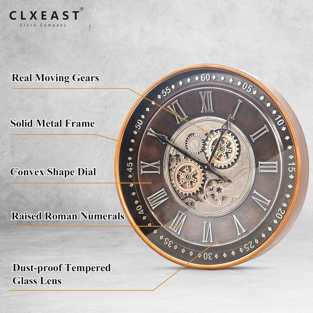 24 Inch Wall Clock with Moving Gears,Oversized Large Industrial Steampunk Clock