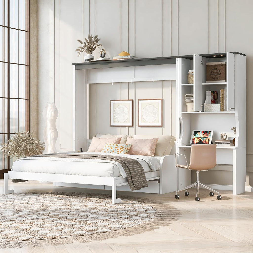 Queen Murphy Bed with Sofa, Desk and Storage Cabinet, Solid Wood Wall Bed Frame, Space-Saving Foldable Design, White
