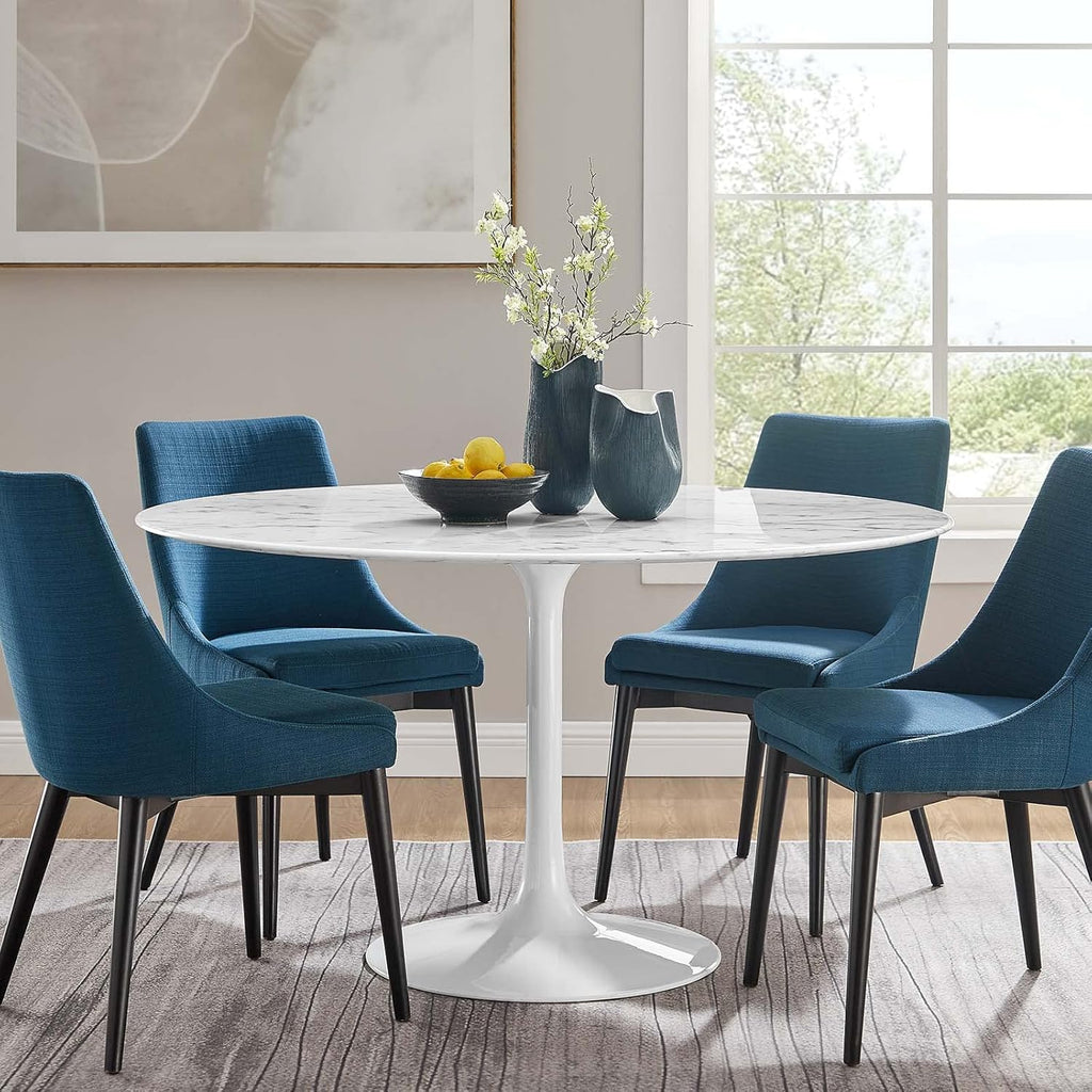 Inspired Saarinen Style Tulip Round Pedestal Dining Table — White Marble Top, 54″ Round