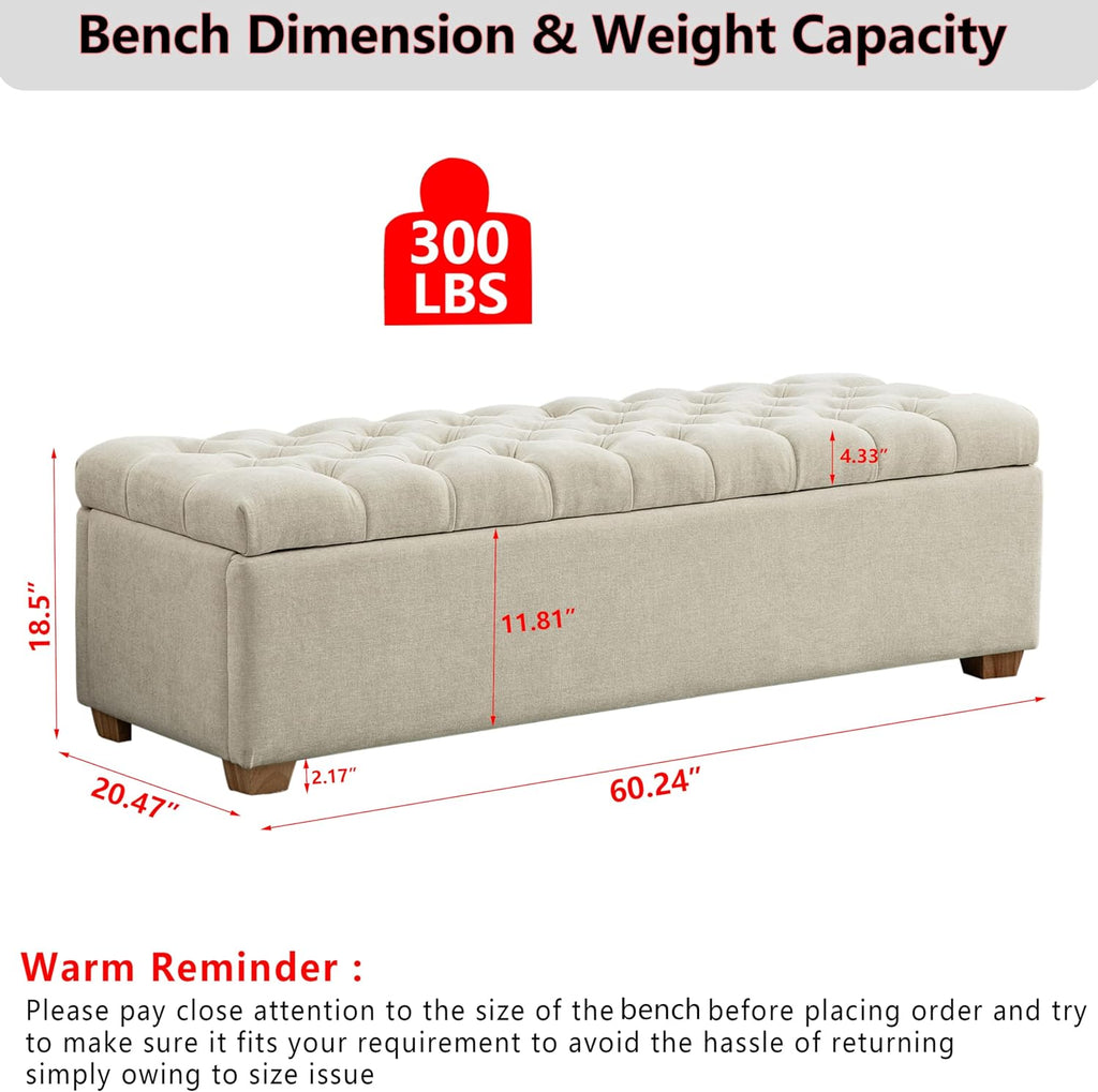 60.2" Storage Ottoman Bench Bed End,Beige Chenille Bench with Seating,Button Tufted Ottomans with Storage