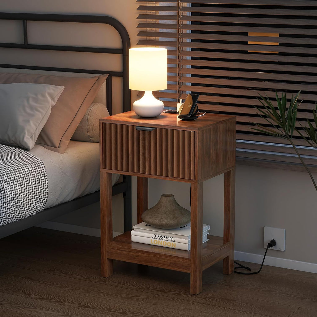 Night Stand Set 2, Fluted Nightstand with Charging Station, Wood Bedside Table with Drawer & Storage Shelf, Modern