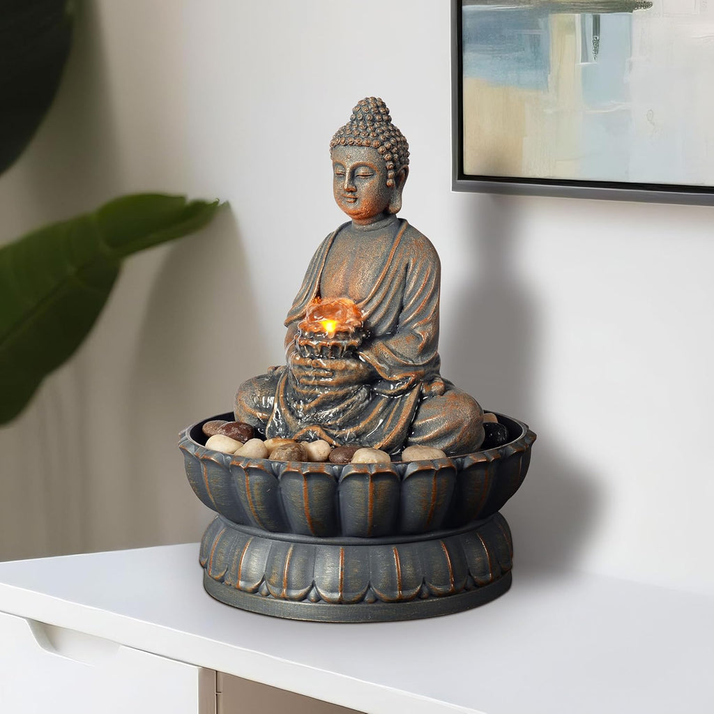 Home Décor 9.6" Tabletop Fountain Exquisite Smile Sitting Buddha Fountains Desk Water Fountain Decorative Zen