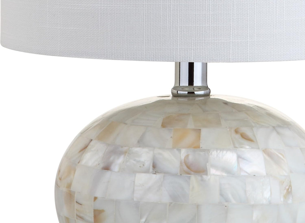 16" Coastal Capiz Shell Mosaic Table Lamp Living Room, White Linen Shade, Transitional Cottage Nightstand Lamp