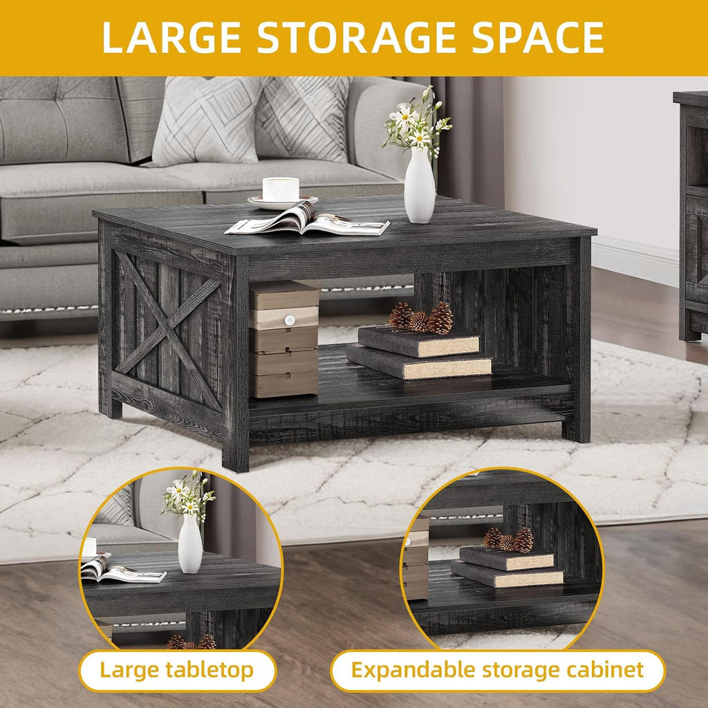 Square Coffee Tables Farmhouse Coffee Table with Storage, 2-Tier Wood Center Table with Half Open Storage Compartment