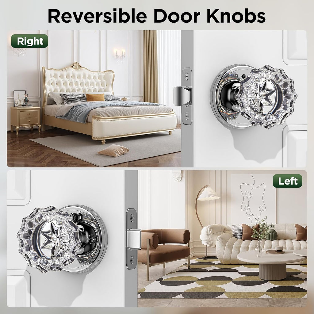 1 Pack Crystal Door Knob, Rosette Shaped Glass Door Knobs Interior with Lock, Polished Chrome Door Knobs Interior