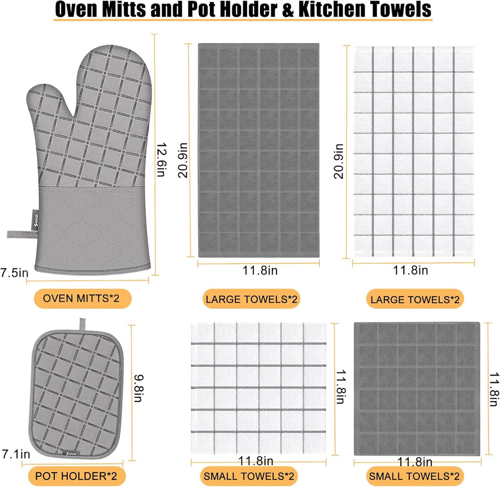 Oven Mitts Kitchen Towels and Dishcloths Pot Holders Sets, Oven Gloves Kitchen Dish Towels 500 Degree Heat Resistant