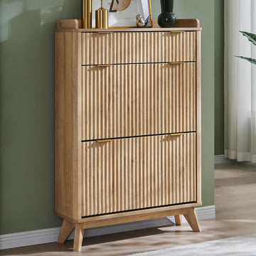 Fluted Shoe Storage Cabinet with 2 Flip Drawers & Top Drawer, 48" Tall Narrow Shoe Organizer, Curved Profile Design