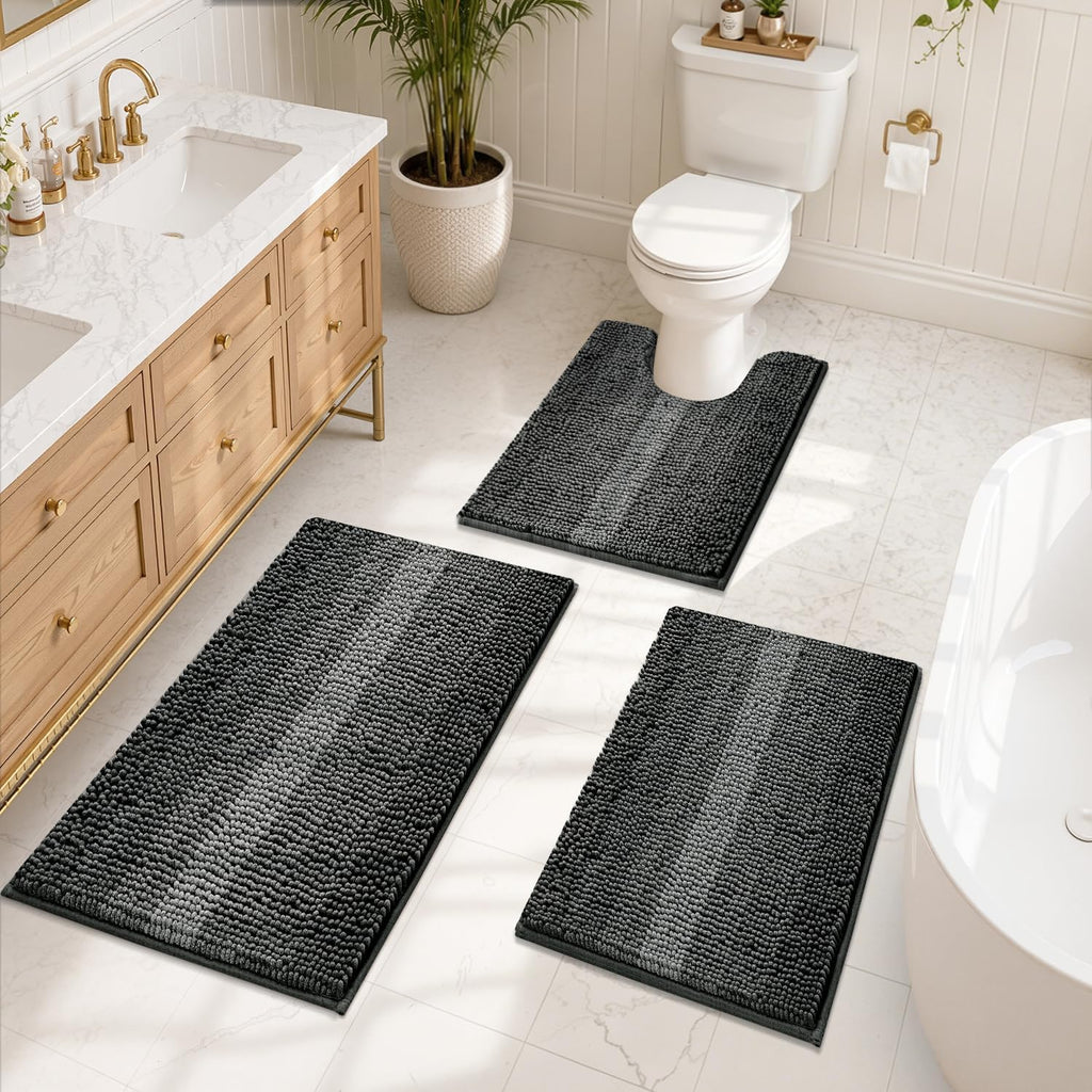 Bathroom Rugs Sets 3 Piece, Ultra Absorbent Non Slip Bath Mats | Quick Dry, Machine Washable, Chenille Gradient Bath
