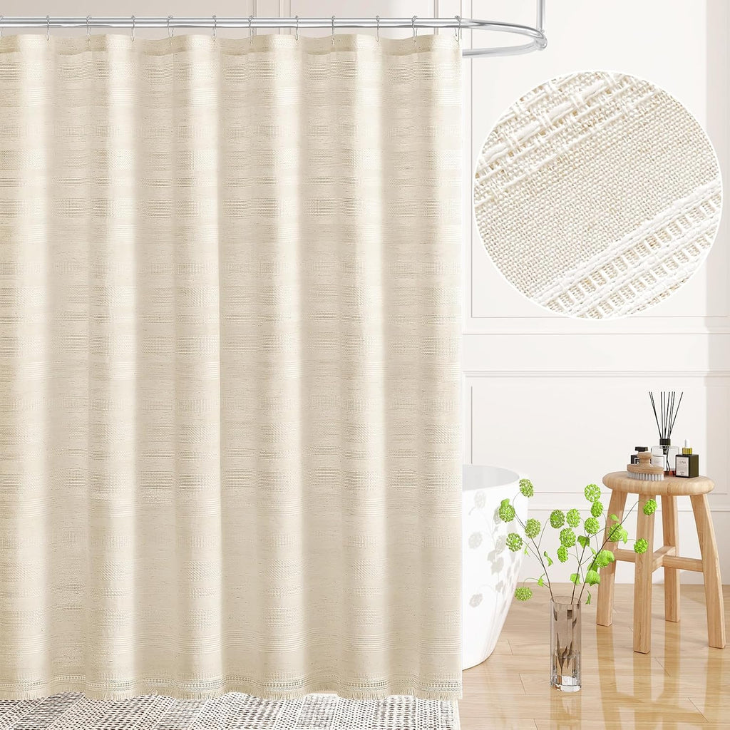 Boho Farmhouse Shower Curtain Set with Tassel, Linen Bohemian French Country Chic Bathroom Shower Curtain Set, Modern