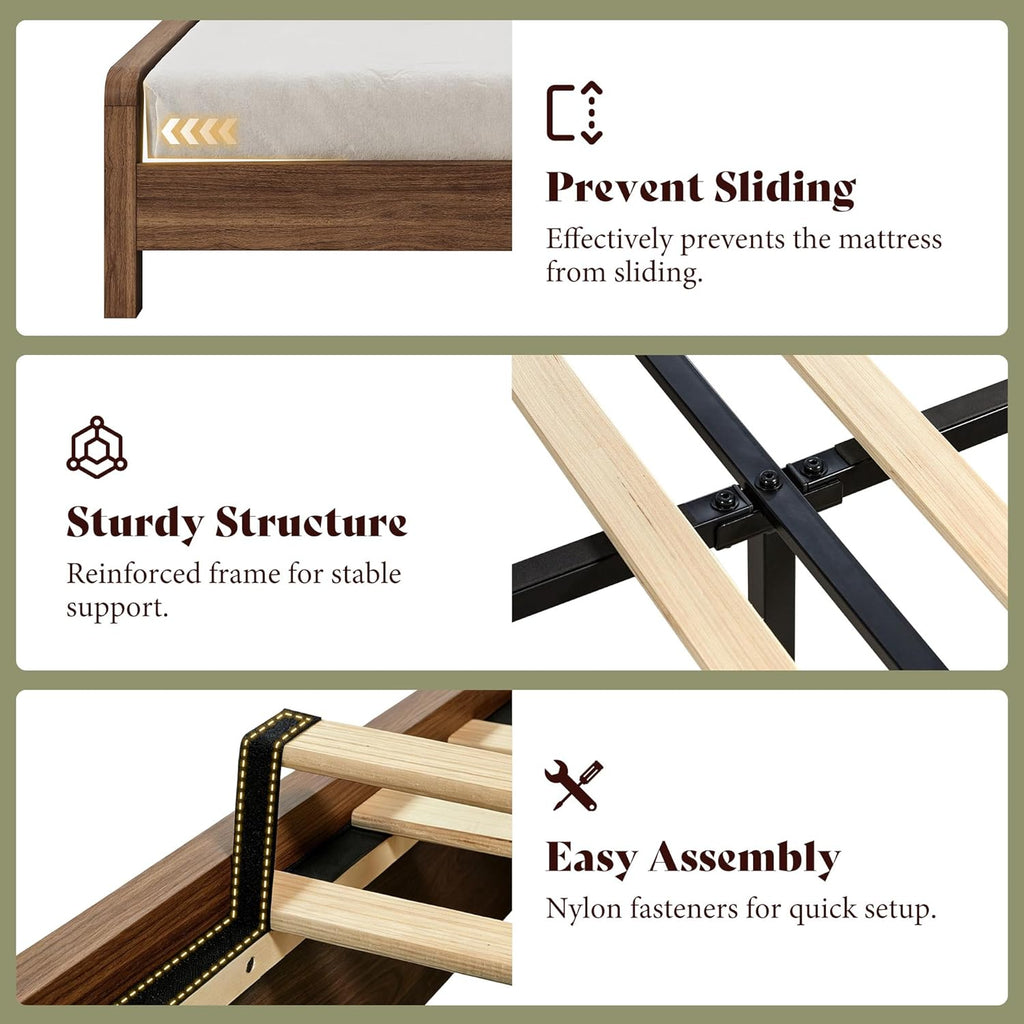 Wood Queen Bed Frame with Headboard & Footboard, Modern Fluted Wooden Platform Bedframe, Easy Assembly, Brown