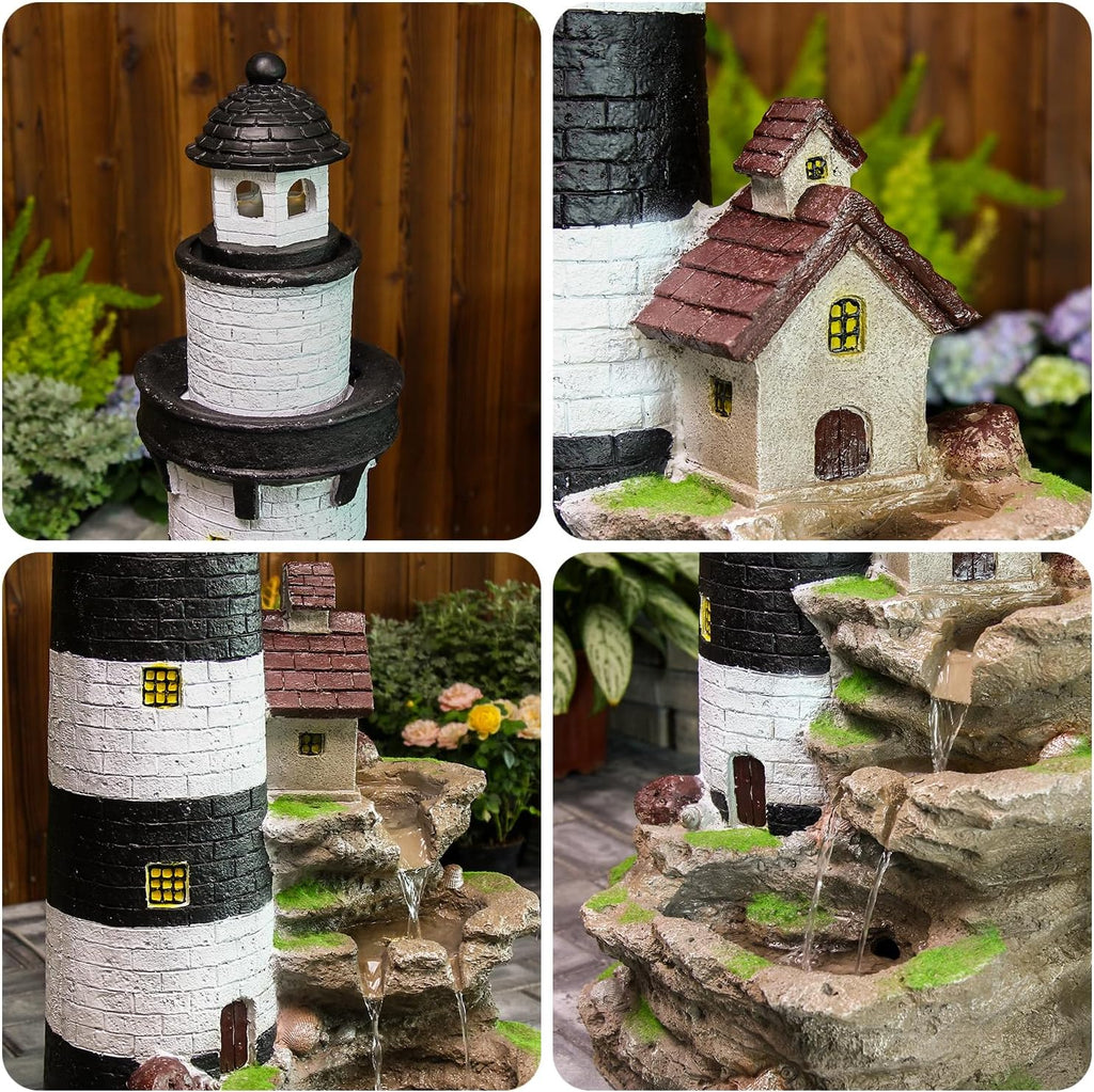 Outdoor Lighthouse Waterfall Fountain 38.58" Tall 3-Tiered Rock Water Feature with LED Lights Décor