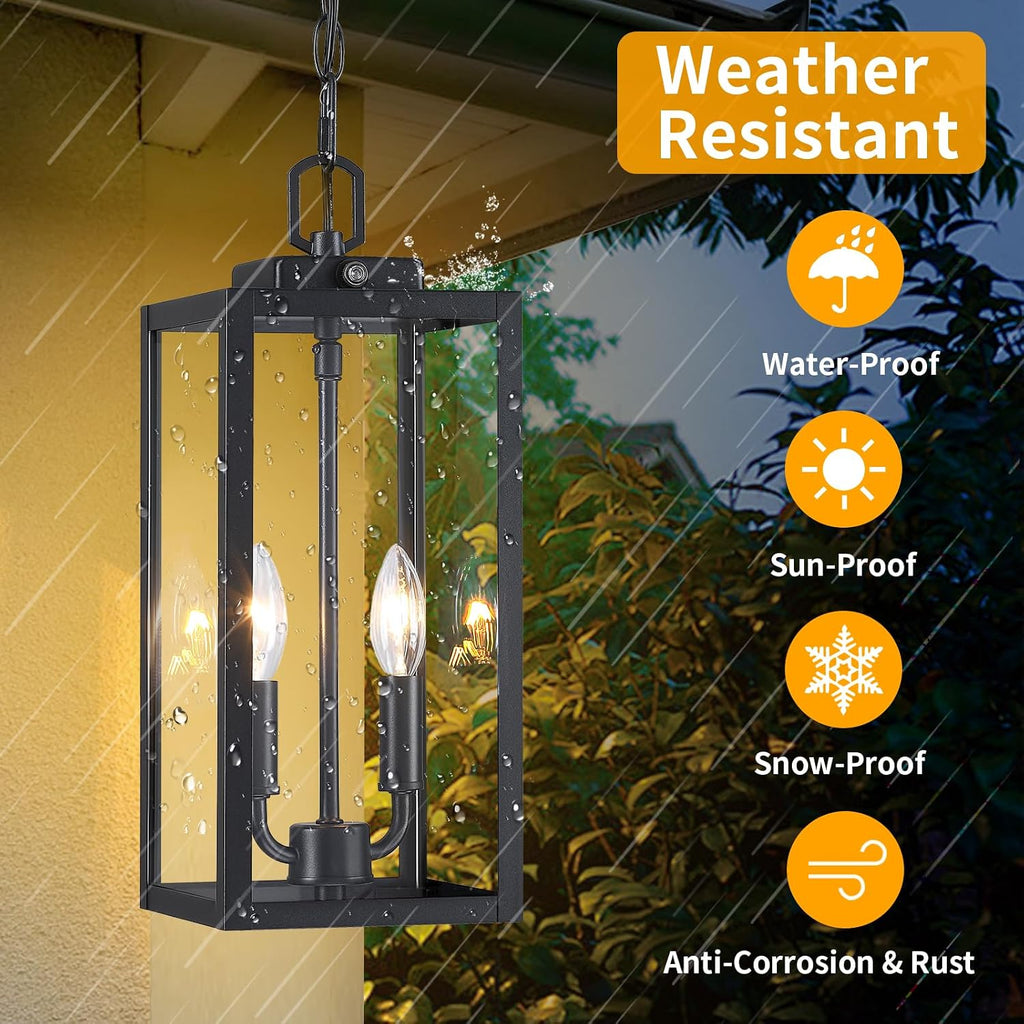Large Outdoor Pendant Light 2-Light, 15'' Dusk to Dawn Modern Black Metal Outside Chandelier Exterior Hanging Fixture