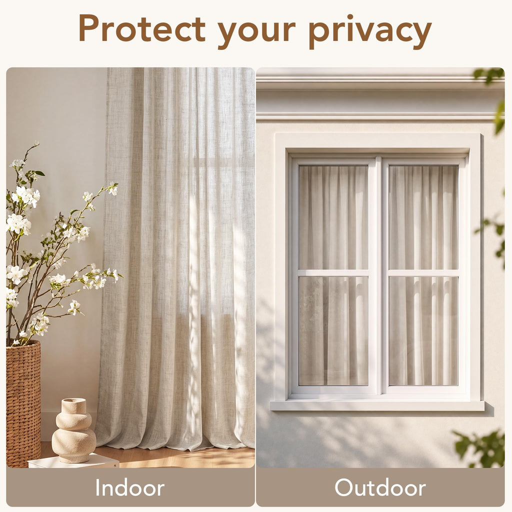 Linen Curtains 96 Inches Long, Begie Neutral Farmhouse Light Filtering Semi Sheer Drapes 8ft, Window Treatment with