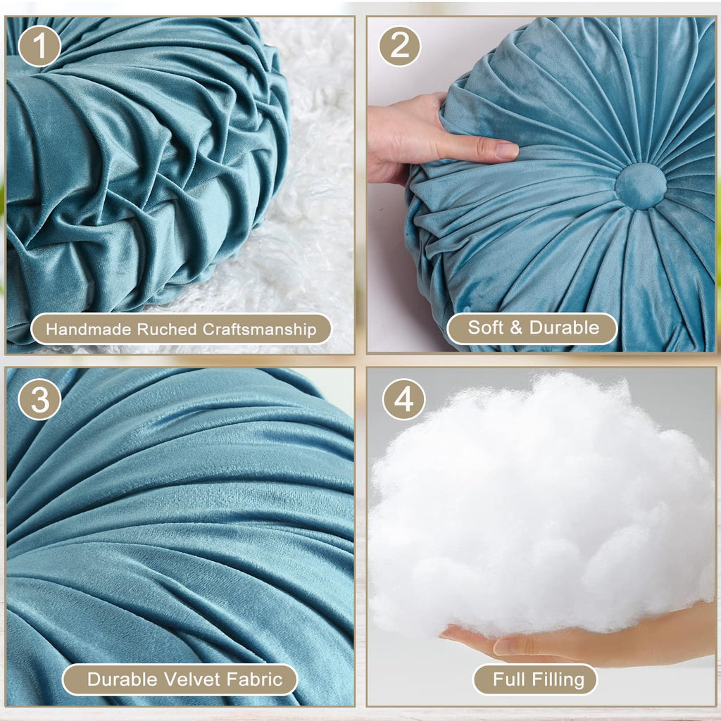 Set of 2 Dusty Blue Velvet Decorative Round Pleated Throw Pillows