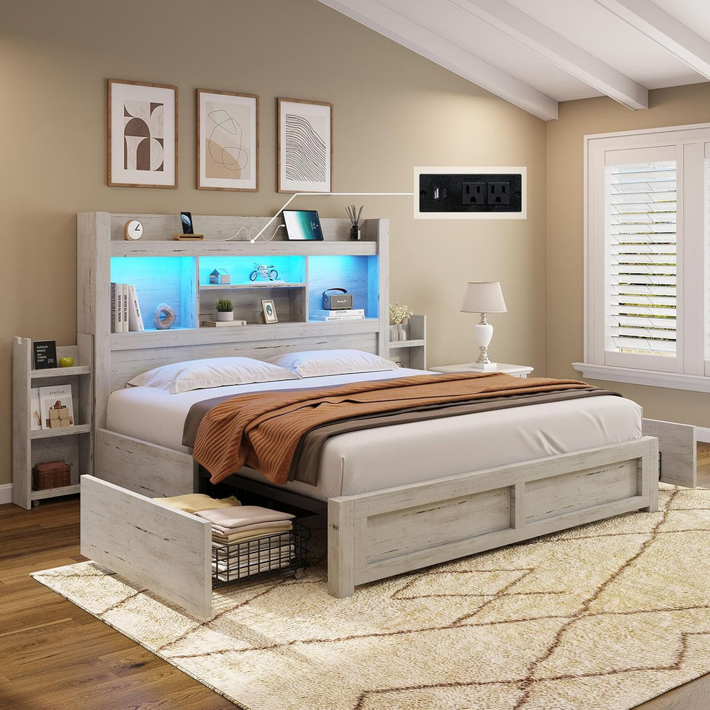 Queen Bed Frame with 4 Storage Drawer, LED Bed Frame with 49.6" Tall Bookcase Headboard, Wood Platform Bed with Charging Station & 2 Slide Bedside Shelf, No Box Spring Needed/Distressed White