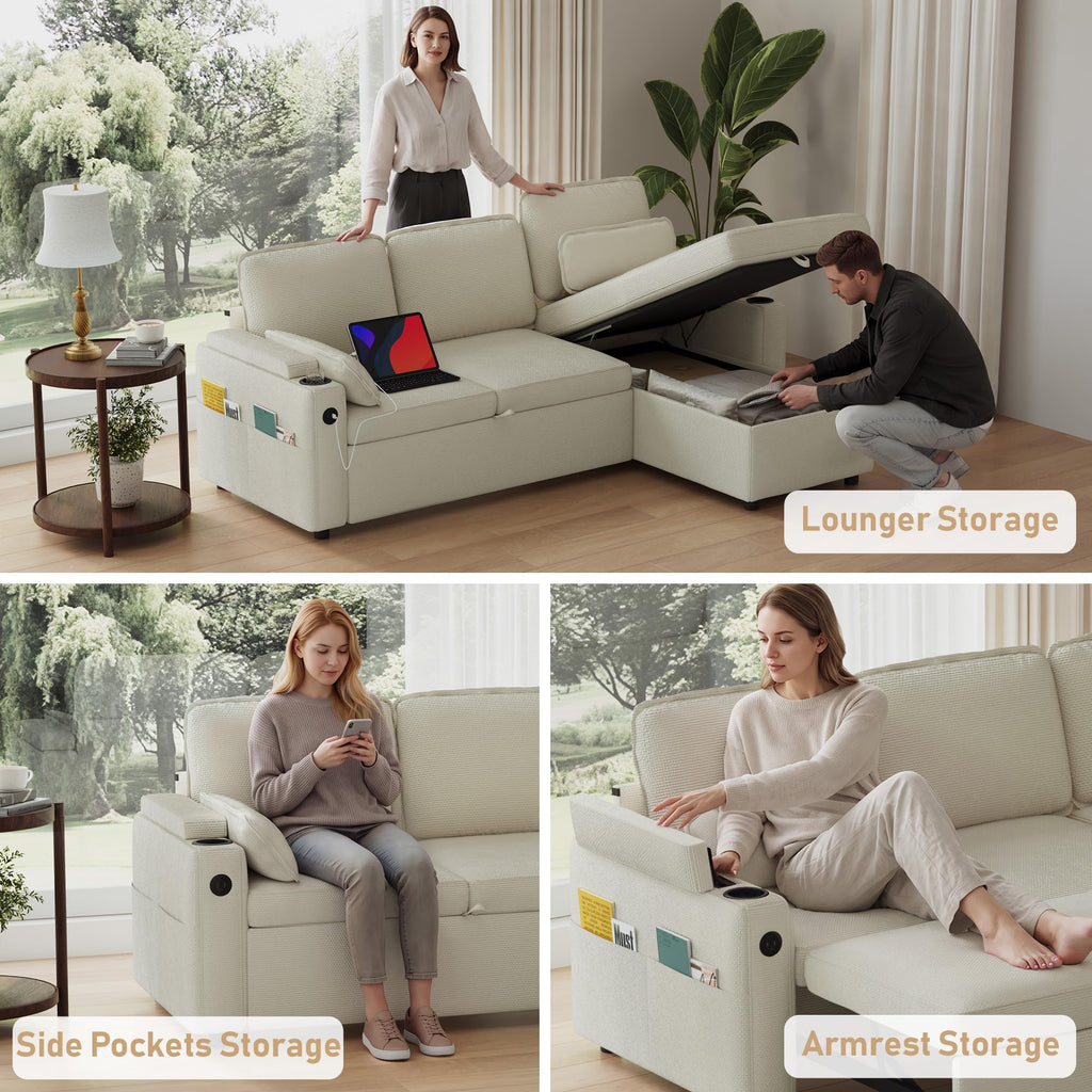 80" Sofa Bed Pull Out L Shaped Couch with Storage Chaise, Beige White