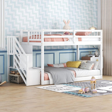 Low Bunk Beds Twin Over Twin with Stairs Solid Wood Bunk Bed Frame for Kids Boys Girls Teens, White