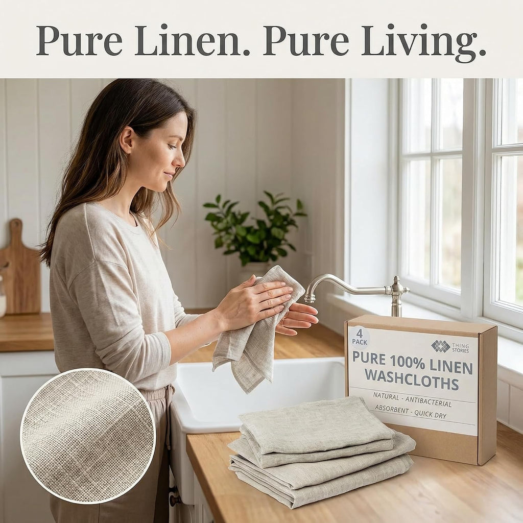Pure Linen Flax Washcloths - 4-Pack Natural Dish Towels Set - Linen Tea Towel Cloth Napkins - Small Hand Towels