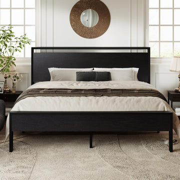 King Platform Bed Frame with Wooden Headboard and Footboard, Heavy Duty 12 Metal Slats Support, No Box Spring Needed