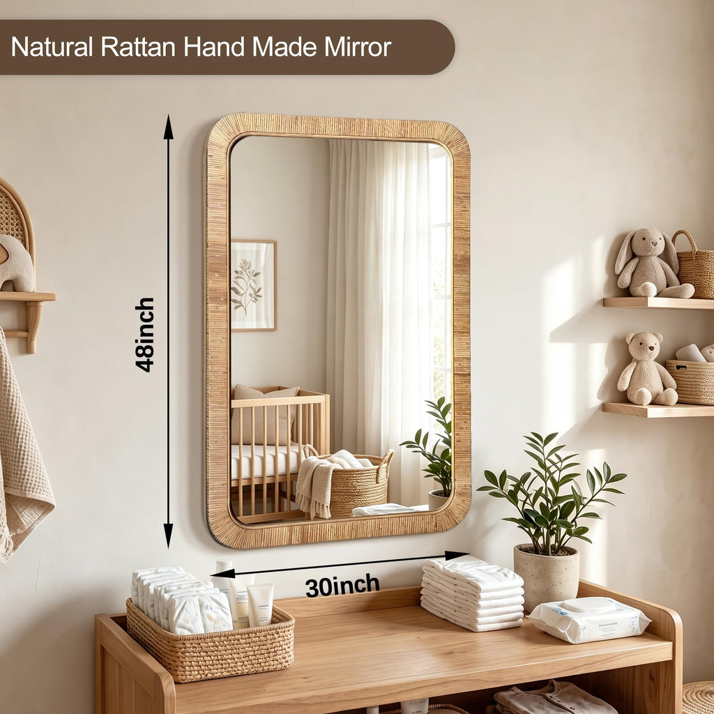 Decorative Rattan Wall Mirror, Boho Bathroom Modern Makeup, Rustic Wall Bohemia Mirrors, Vanity Versatile Farmhouse