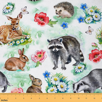 Cute Raccoon Rabbit Deer Fabric by The Yard Botanical Plants Rustic Jungle Home DIY Fabric by The Yard Cartoon Wild