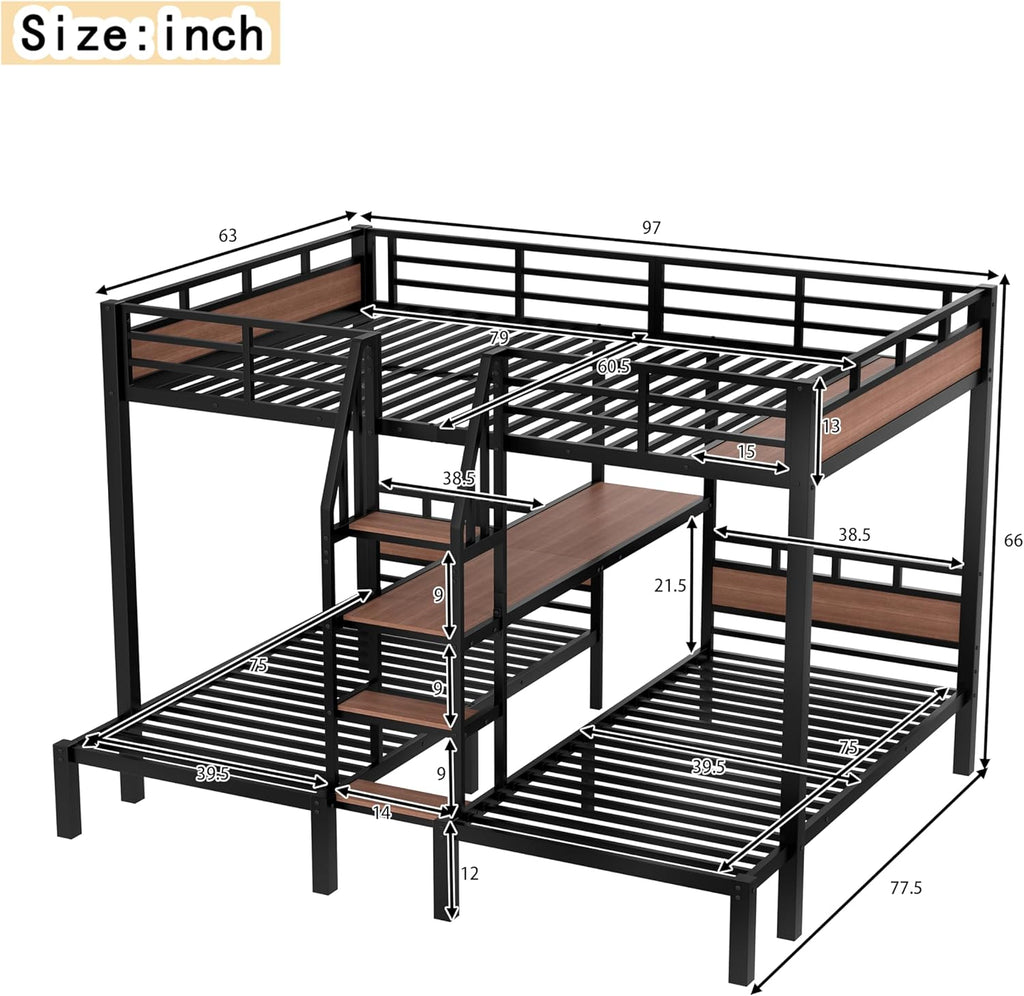 Queen Over Twin Over Twin Bunk Bed with Shelf and Stairs, Heavy Duty Triple Bunk Beds with Safety Guardrails