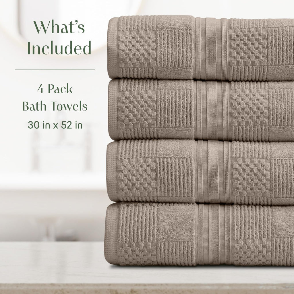 100% Cotton Bath Towel Set | 4-Pack | Textured | Brown | Luxury Geometric Design | Absorbent & Quick-Dry Bathroom