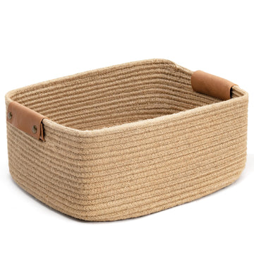 Large Woven Rope Gift Basket with Leather Handles, 20L, Jute