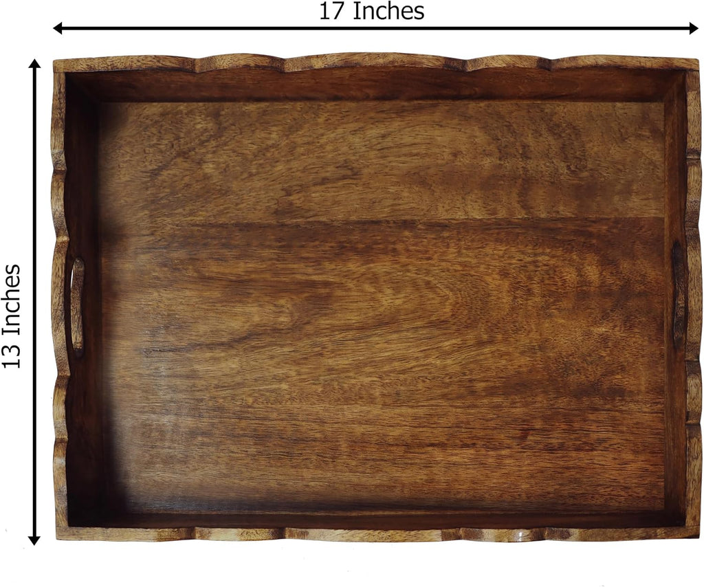 Hand Carved Wooden Serving Tray - Decorative Breakfast Tray with Handles - Rustic Wooden Food Tray with Intricate