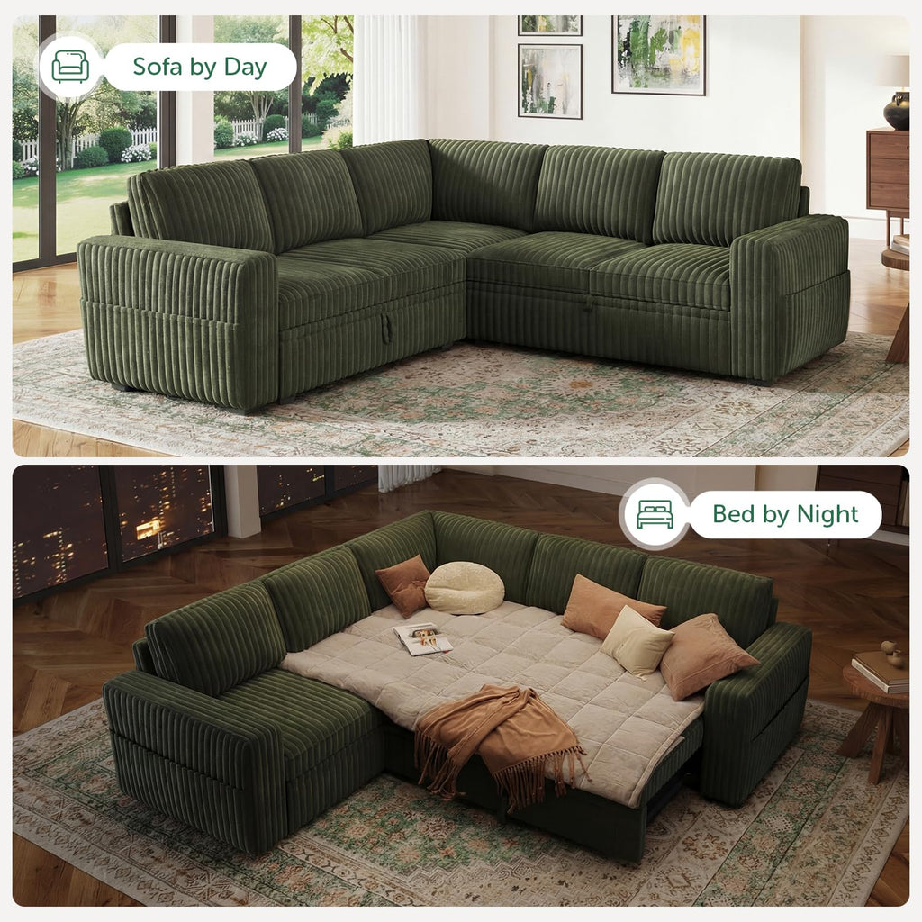Corduroy L Shaped Sectional Sleeper Sofa with Pull Out Bed, Green