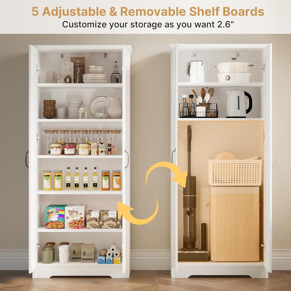 70" Tall Storage Cabinet, Large Wood Storage Pantry Cabinet with 6 Adjustable Shelves & 2 Doors, Standing Utility