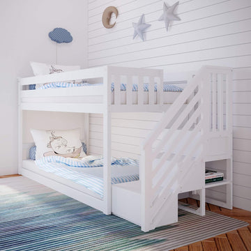 Low Bunk Bed, Twin-Over-Twin Bed Frame For Kids With Stairs, White