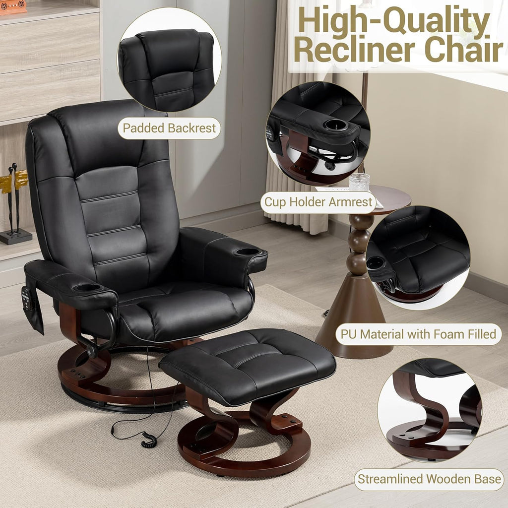 Modern Reclining Swivel Lounge Chair and Ottoman — Black PU Leather