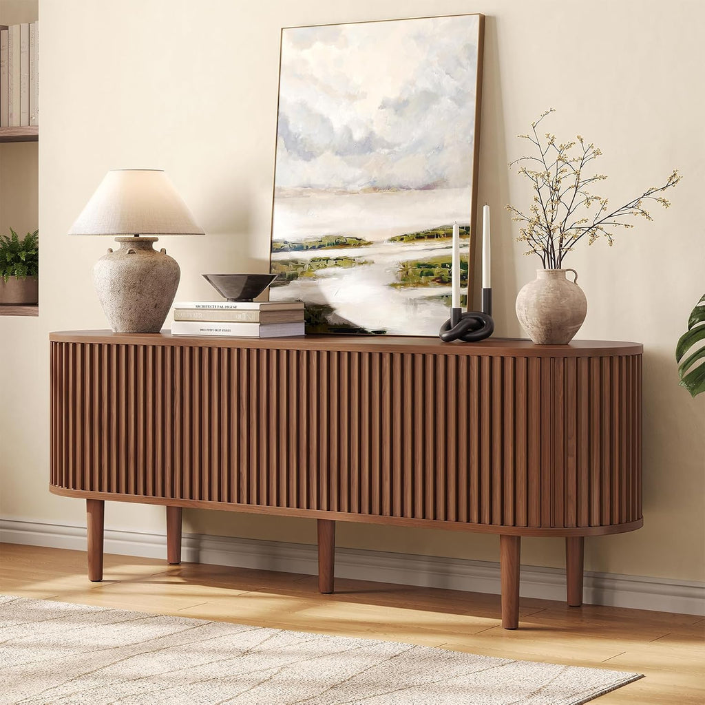59" TV Stand for 65" TV with Power Outlet, Entertainment Center with Solid Wood Leg, Fluted TV Console with Adjustable Shelf & Sliding Door, Mid-Century Modern TV Stand for Living Room, Walnut
