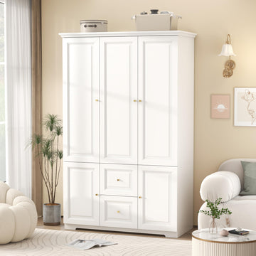 White Armoire Wardrobe Closet with 2 Drawers and 3 Doors, 74" H