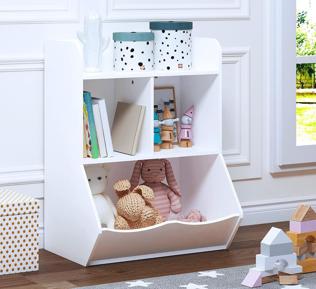 Kids Bookshelf and Toy Storage Organizer, 3 Cubby Kids Bookcase with Open Toy Cabinet, White