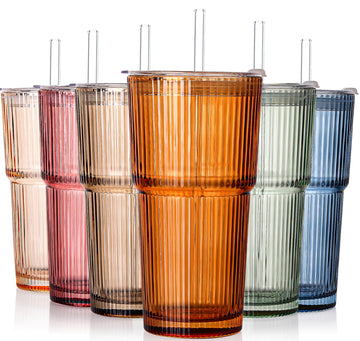 6PCS Ribbed Glass Cups with Lids and Straws, 20oz Vintage Drinking Glasses, Aesthetic Iced Coffee Cups, Glass Tumbler