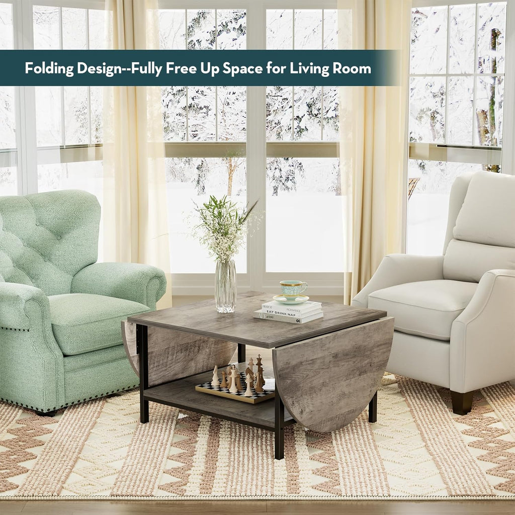 Folding Coffee Tables 2-Tier Extended Coffee Table with Storage Vintage Farmhouse Center Table for Large or Small