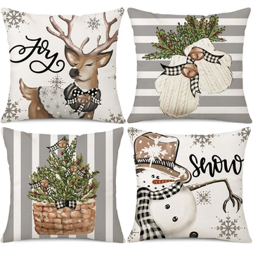 Black White Buffalo Check Plaids Christmas Pillow Covers 18x 18 Inches (Gray Stripe)