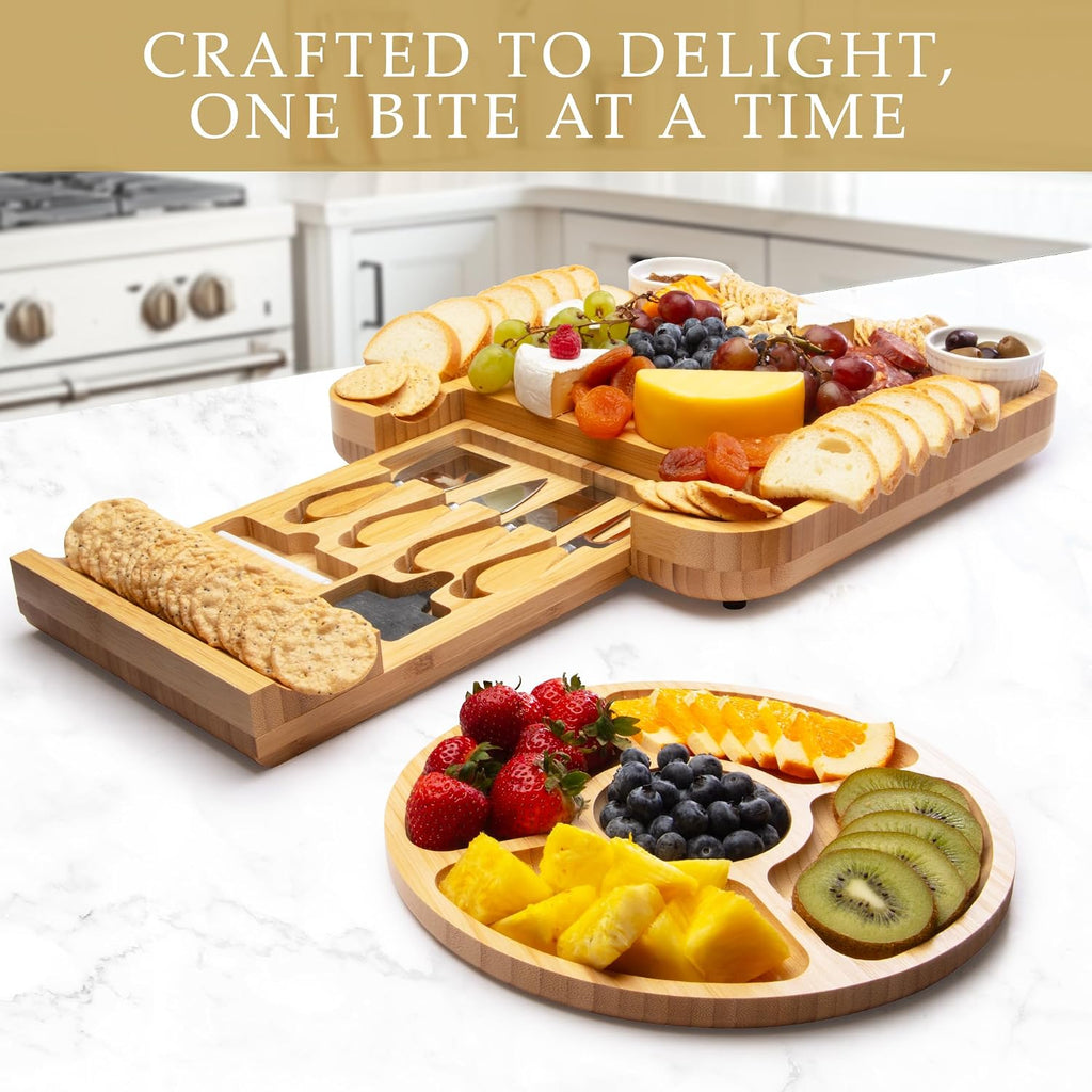 Premium Bamboo Charcuterie Board - Extra Thick Bamboo Board with 4 Piece Knife Set - Perfect for Charcuterie, Wine