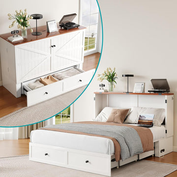 63.4" W Murphy Bed with Tri-Folding Mattress, Queen Murphy Bed with Built-in Charging Station, Queen Murphy Cabinet