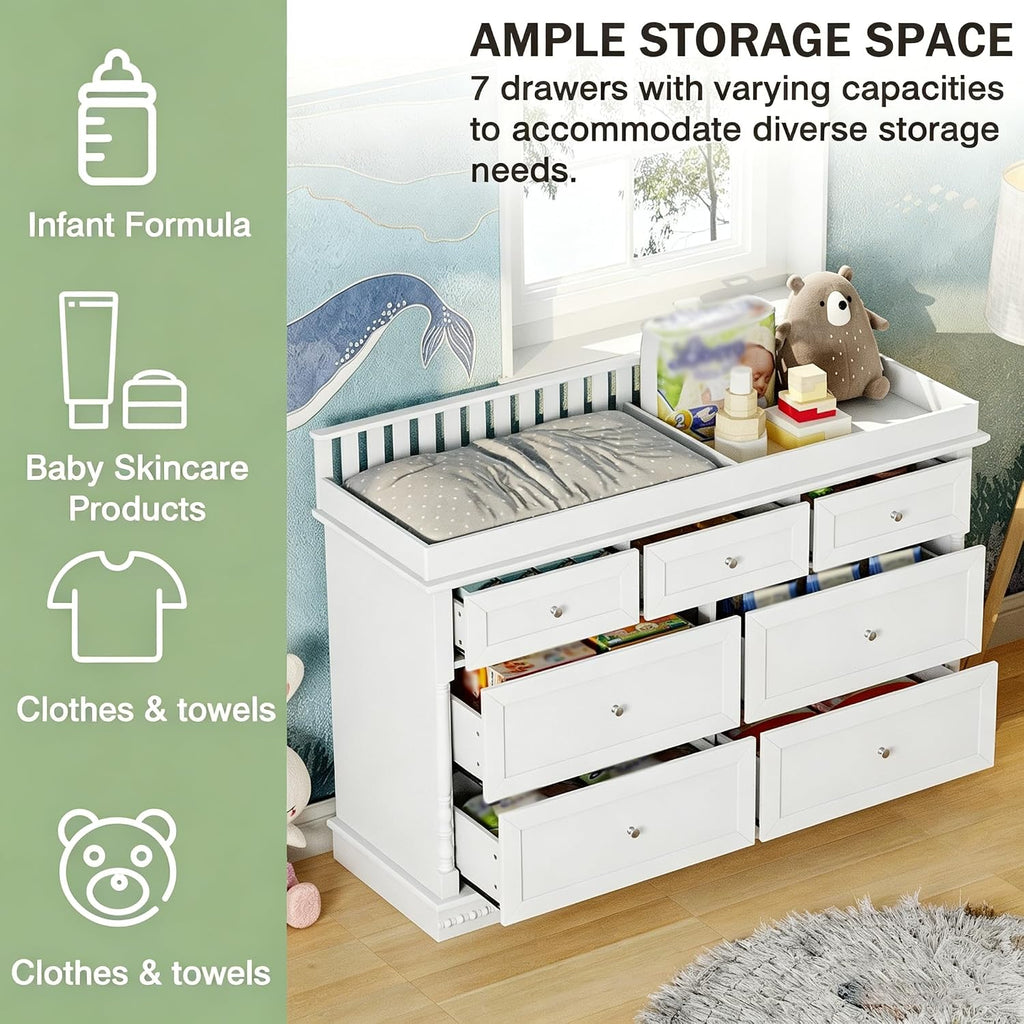 56.5" Baby Changing Table with 7 Storage Drawers, White Nursery Dresser with Removable Changing Top, Large