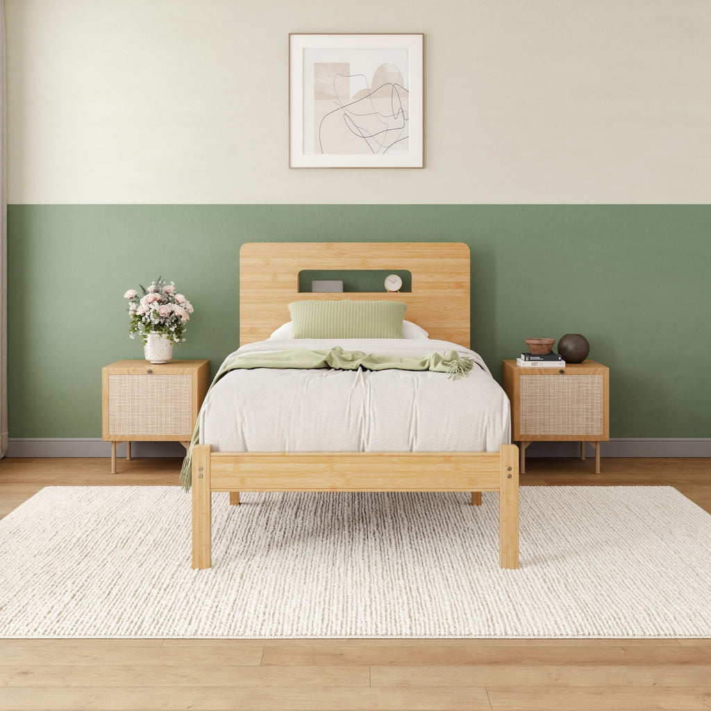Solid Bamboo Wood Twin XL Bed Frame with Storage Headboard, 14 inch Platform Twin XL Bed Frames No Box Spring Needed
